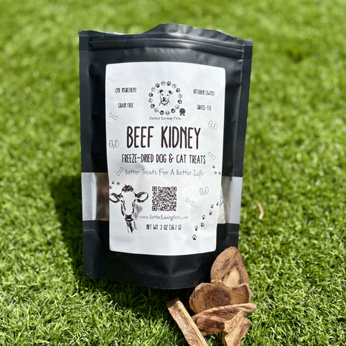 Bag of beef kidney freeze-dried dog and cat treats on grass
