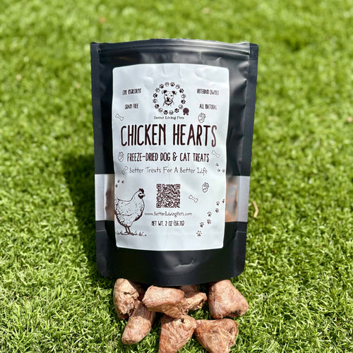 Bag of Chicken Hearts treats for pets on grass