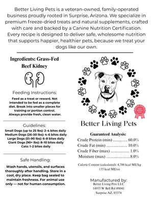 Product label for Better Living Pets with text and graphics about pet food ingredients, feeding instructions, and safety guidelines.