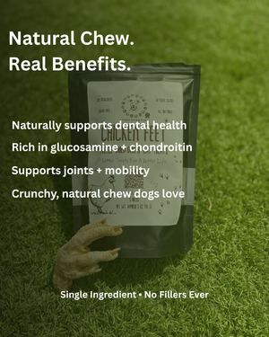 Package of natural chew product on grass with text highlighting benefits