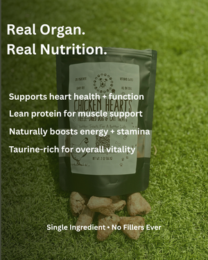Package of 'Chicken Hearts' on grass with text about health benefits